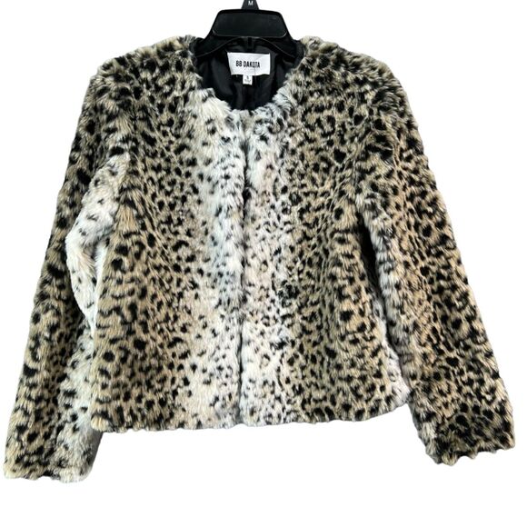 BB Dakota Womens Wild Thing Jacket S Black Tan Leopard Soft Faux Fur Glam Chic - Picture 3 of 16